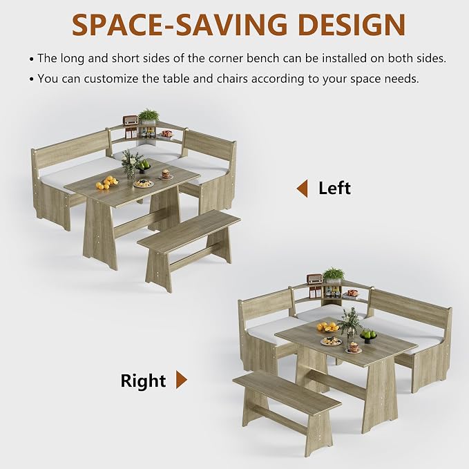 PAKASEPT Corner Breakfast Nook Table Set Kitchen Bench with Soft Cushion | Farmhouse Wood Dining Set,Reversible L-Shaped Corner Bench,Lift-Top Hidden Storage,Soft Padded Cushions,Space-Saving Design - Image 3