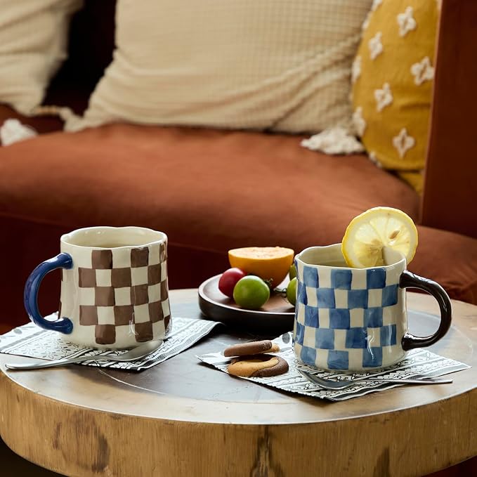 Retro Checkered Ceramic Coffee Mug 16Oz - Extra Large Handle, Microwave Safe Vintage Patterned Tea Cup for Home-2pack by DelightsGalore