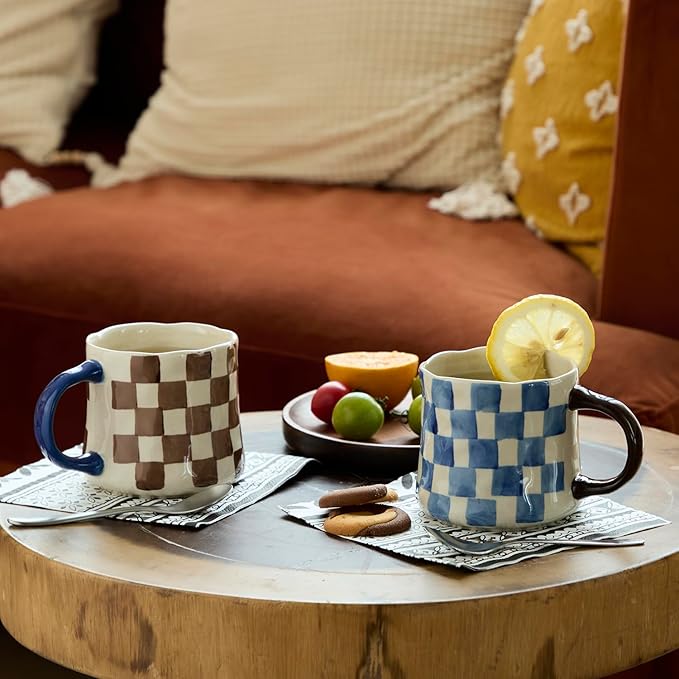 Retro Checkered Ceramic Coffee Mug 16Oz - Extra Large Handle, Microwave Safe Vintage Patterned Tea Cup for Home, Office Blue and White Checkered Pattern, Brown Handle - Image 3