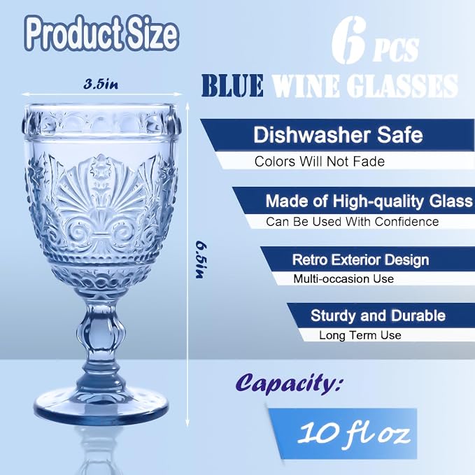 6 Pcs Blue Wine Glasses,Goblet Glasses,Vintage Glassware, Made of Sturdy and Durable Glass Can be Used for Weddings, Everyday Fun Parties and More! - Image 2