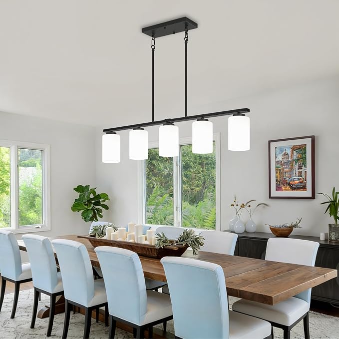Modern Kitchen Island Lighting, Dining Room Light Fixtures Over Table | 37'' Black Island Lights for Kitchen, 5-Light Farmhouse Linear Chandeliers White Frosted Glass Shade, Adjustable Height - Image 3
