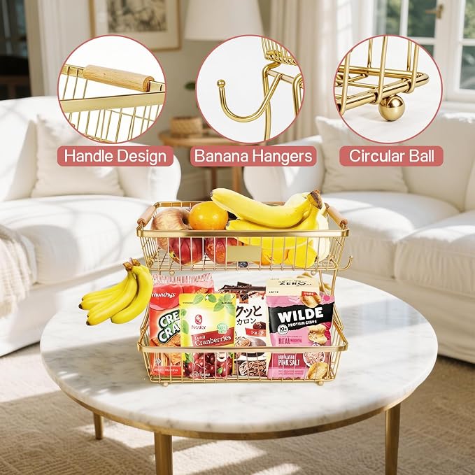 Fruit Basket Bowl 2 Tier Detachable with 2 Banana Hangers, Fruit Stand Holder for Kitchen Countertop, Metal Wire Vegetable Storage Organizer, for Bread Snack Veggies Produce,Gold - Image 6