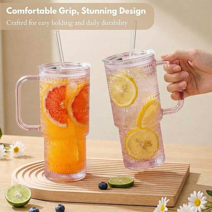 20 oz Pink Glass Tumbler with Lid and Straw, Glass Iced Coffee Cups, Spill-proof Glasses Tumbler with Handle, Glasses Drinking Set of 4, Vintage Glassware for Cocktail, Smoothies - Image 8