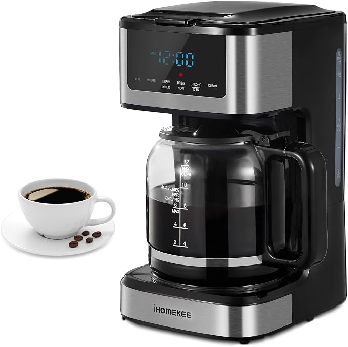 Ihomekee Coffee Maker, Programmable Drip Coffee Machine 12 Cup | Regular & Strong Brew Model, Iced Coffee Function for Home and Office, Black & Stainless Steel (Black,Silver) by Ihomekee