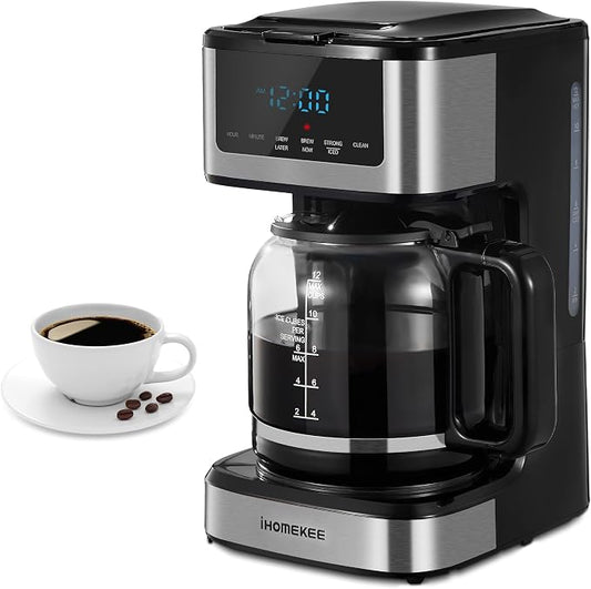 Ihomekee Coffee Maker, Programmable Drip Coffee Machine 12 Cup | Regular & Strong Brew Model, Iced Coffee Function for Home and Office, Black & Stainless Steel (Black,Silver) by Ihomekee