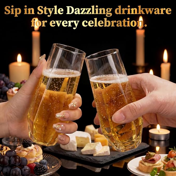 GuanQiao 12 Pack Stemless Plastic Champagne Flutes, 9oz Diamond Disposable Champagne Glasses, Heavy Duty Shatterproof Mimosa Glasses for Wine Tasting, Wedding, Bridal Shower, Party Supplies, Birthday - Image 6