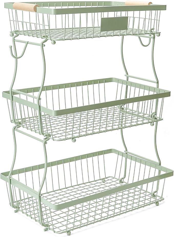 3 Tier Fruit Basket with 2 Banana Hangers, Countertop Fruit Vegetable Stand Produce Holder Organizer for Onion Potato Bread Snack Veggie Green by Lawhood-Mijin