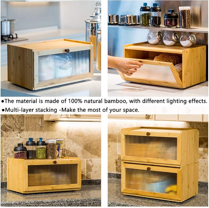 ETMI Bamboo Bread Box for Kitchen Counter-Large Capacity Bread Storage Container Farmhouse Bread Box with Window Bread Holder - Image 2