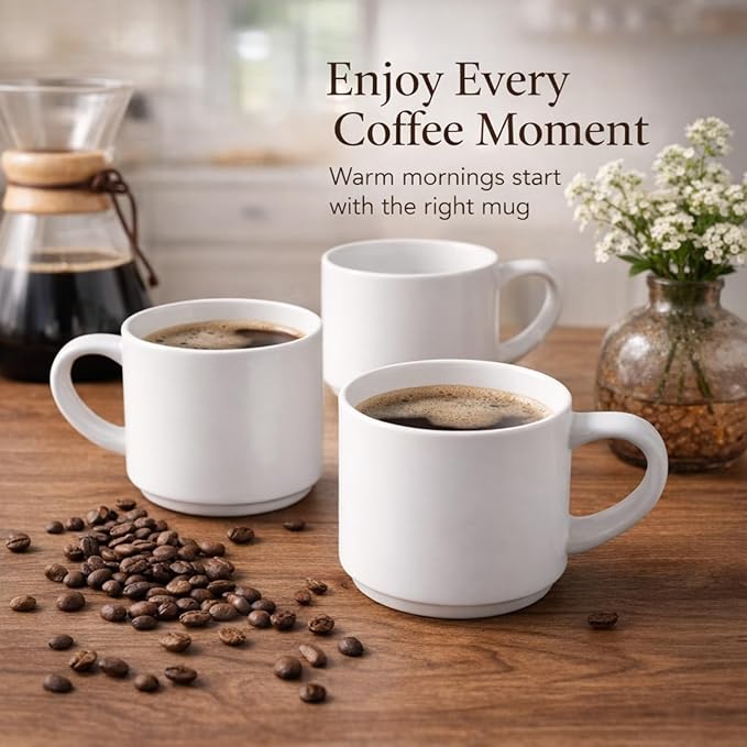 GBhome 14 OZ Coffee Mugs Set of 6, Stackable Ceramic Mugs for Men, Women, Modern Coffee Mugs With Stable Base for Latte, Tea, Cappuccino. Dishwasher & Microwave Safe, Matte White - Image 6