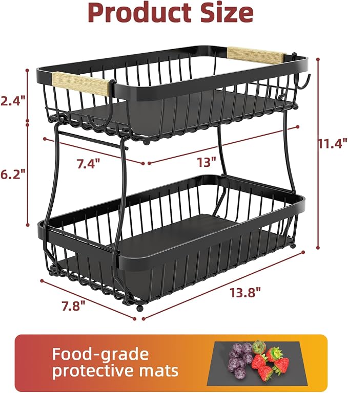 2-Tier Fruit Basket with Banana Hangers, Detachable Metal Bowl | Wooden handle, protective mats included. Versatile holder for bread, snacks, and veggies. Large 2 tier metal design. - Image 8