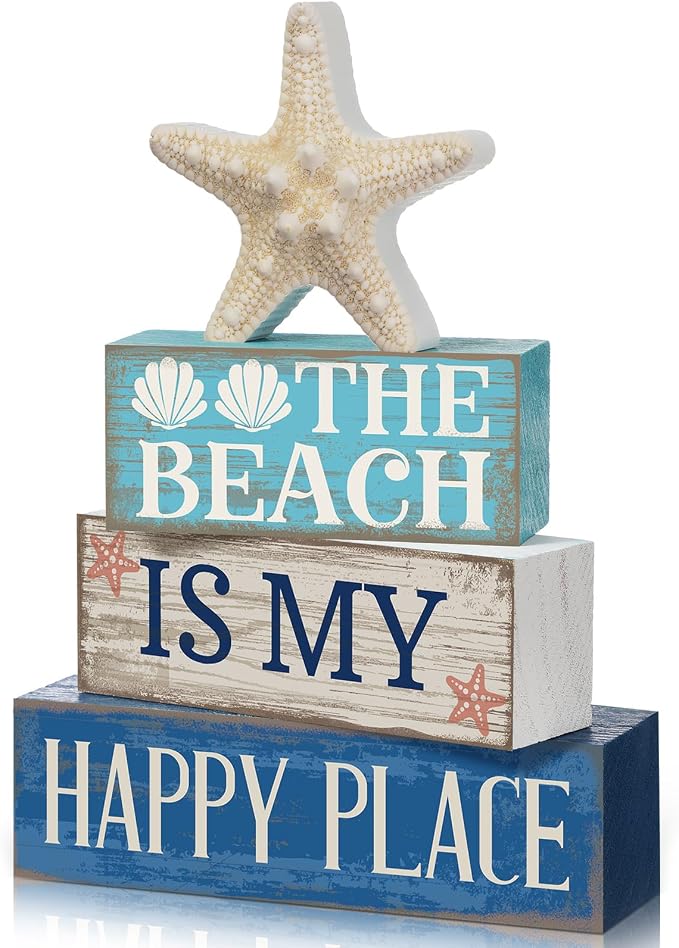 Moucuny 4 Pcs Summer Table Decoration Beach Tiered Tray Decor Starfish Coastal Rustic Wooden Block Sign Gifts Blue and White Ocean Centerpieces Farmhouse Beach Nautical Decor for Home Shelf Mantel by Moucuny