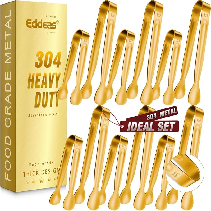 12PCS Mini Tongs For Serving, 2 Sizes 6 & 4 Inch Ice Tongs Mini Gold Sugar Stainless Steel Tong, Small Kitchen Tiny Food Tongs for Appetizers,Tea Party, Coffee Bar,Desserts & Ice Bucket by Eddeas
