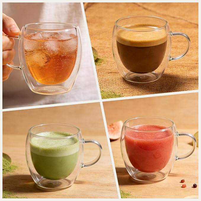 DINGPAI 4 Pack Double Wall Glass Coffee Mugs, 8oz Borosilicate Glass Mug | Heat-resistant, Cappuccino Espresso Tea Latte Cup with Handle, 4 Spoons for Stirring Beverages in Bar, Cafe, or at Home - Image 7