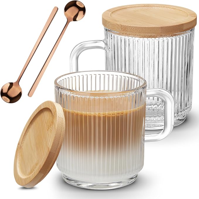 Mfacoy 2 PACK Glass Coffee Mugs with Handle & Spoon, 12 OZ Glass Coffee Cups with Bamboo Lid, Ribbed Glass Cups, Clear Tea Cup for Hot/Cold Beverages, Glassware Set for Americano, Latte, Cappuccino by Mfacoyisalifestylebrand