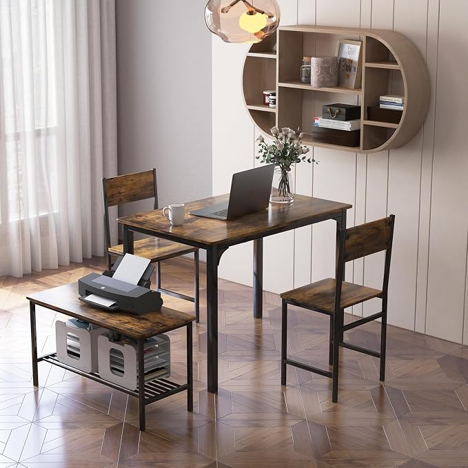 Giantex Dining Table Set for 4, Kitchen Table with Bench and Chairs, Industrial Gathering Bench Dining Set W/Metal Frame & Storage Rack, Dinette Set, Modern Functional Desk Set (Rustic Brown) - Image 3