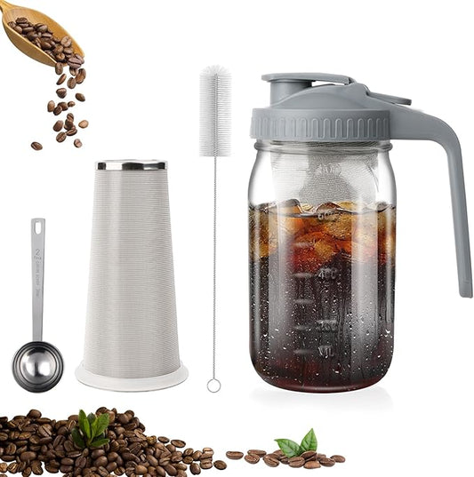Cold Brew Coffee Maker, 32 oz Wide Mouth Mason Jar Pitcher with Stainless Steel Filter, Pour Spout Handle Lid, Heavy Duty Glass Airtight & Leak-Proof Pitcher for iced coffee & Tea Lemonade