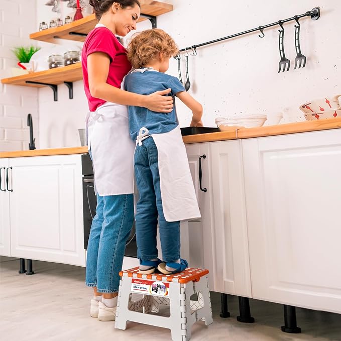 ACSTEP Folding Step Stool 9 Inch for Kids, 300 lbs, Bicolor Orange | Lightweight Plastic Small Foldable Step Stool with Handle, Non-Slip, for Kitchen, Bathroom, Bedroom and Closet - Image 8