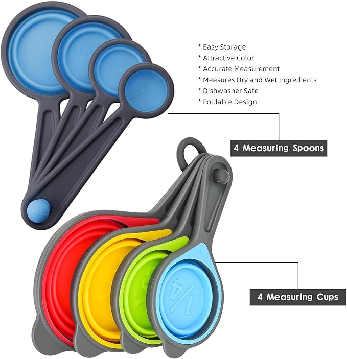 Measuring Cups and Spoons Set, Collapsible Silicone Measuring Cups and Spoons, 8 pieces Food Grade Silicone Measurement Cup for Liquid & Dry Measuring Baking & Travel Measuring Cup, Space Save