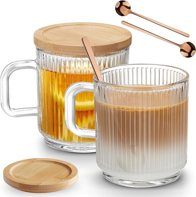 Mfacoy 2 PACK Glass Coffee Mugs with Handle & Spoon, 12 OZ Glass Coffee Cups with Bamboo Lid, Ribbed Glass Cups, Clear Tea Cup for Hot/Cold Beverages, Glassware Set for Americano, Latte, Cappuccino - Image 7