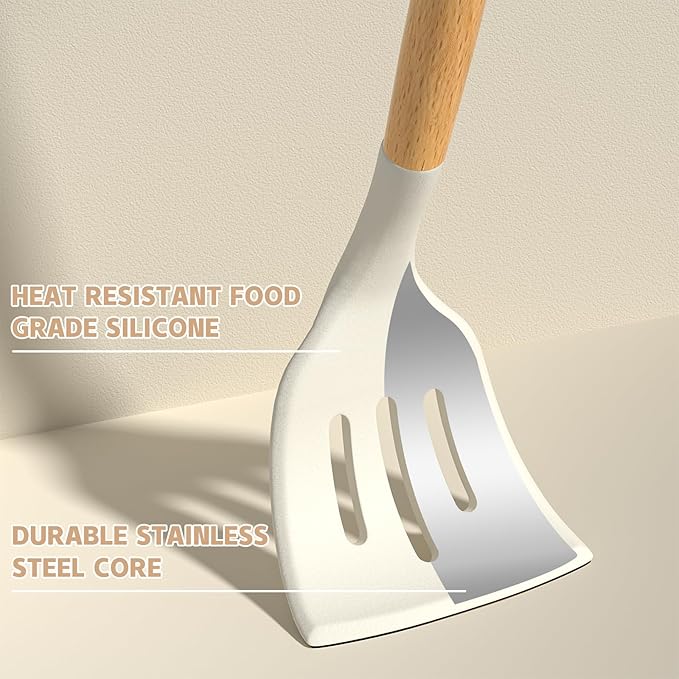 Umite Chef Kitchen Cooking Utensils Set, 33 pcs Non-stick Silicone Cooking Kitchen Utensils Spatula Set with Holder, Wooden Handle Silicone Kitchen Gadgets Utensil Set (Cream White) - Image 6