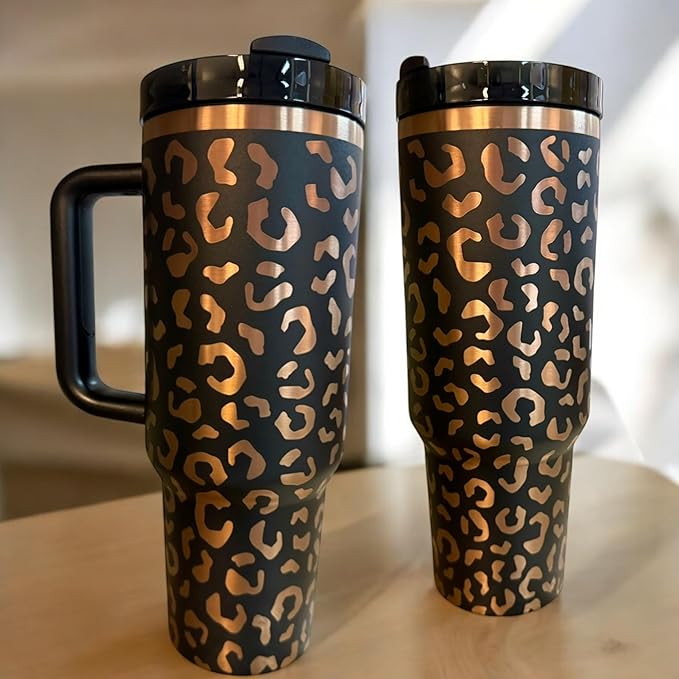 Western Engraved 40oz Tumbler, Tumbler with handle, Cowgirl Tumbler, Country Mug with Handle (Black/Rose gold(16)-Leopard(D32))