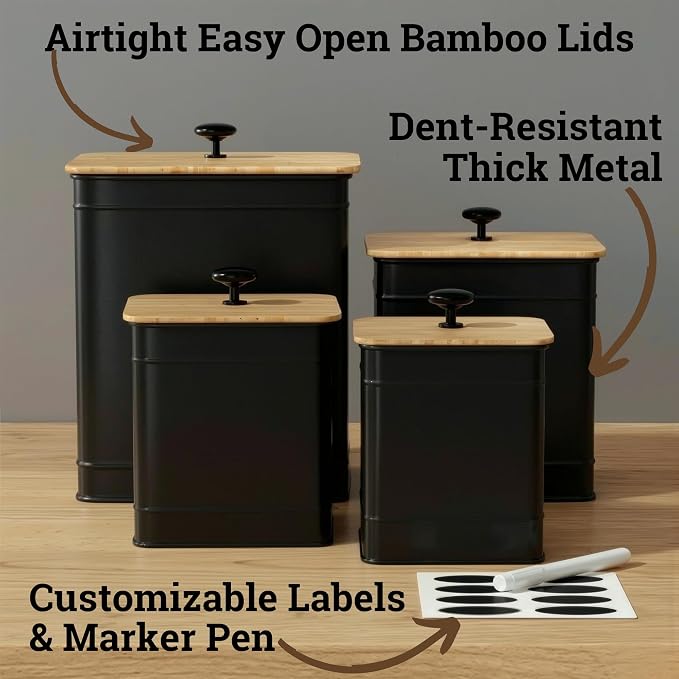 Kitchen Canisters for Countertop Set of 4 w/ Chalkboard Labels & Marker Pen | Airtight Easy Open Bamboo Lids, Dent-Resistant Thick Metal, Customizable Chalkboard Labels, Marker Pen Included, Set of 4 - Image 2