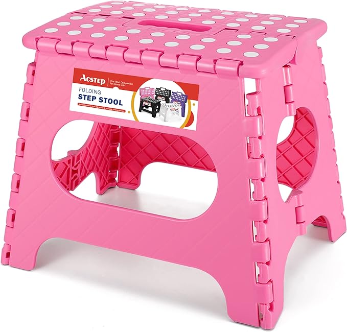ACSTEP 11" Folding Step Stool for Kids, Holds 300 lb Foldable Stools, Pink | Heavy Duty Collapsible Foot Stool, Lightweight with Built-in Handle, Non-Slip for Adults Kitchen Bathroom Bedroom Outdoor by ACSTEP