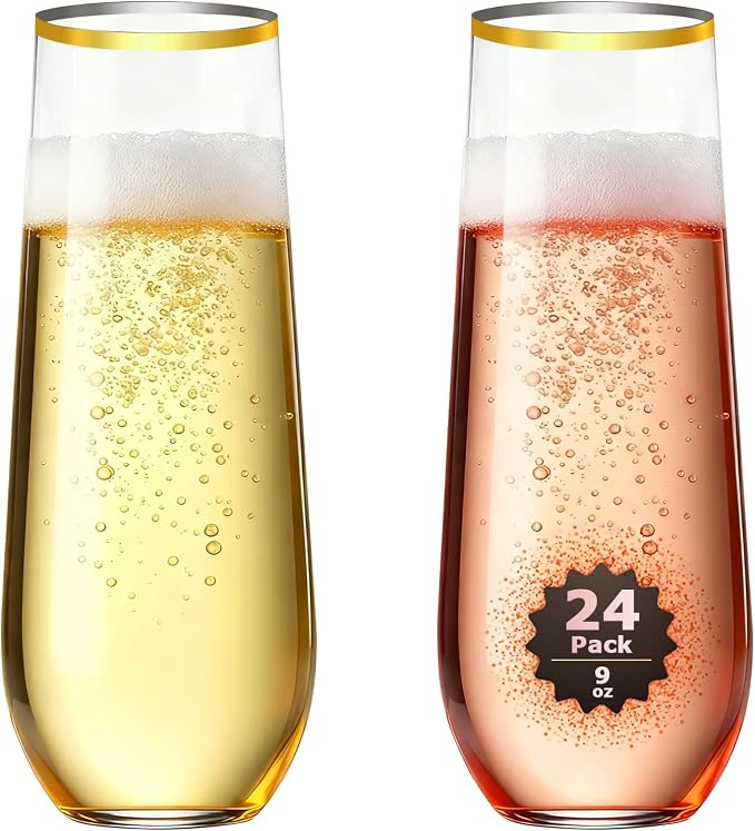 24 Pack Gold Rim Stemless Champagne Flutes, 9 oz Clear Disposable Plastic Glasses, Heavy Duty Shatterproof Recyclable Mimosa Glasses for Party Wine Tasting Wedding New Years Eve Party Supplies by GuanQiao