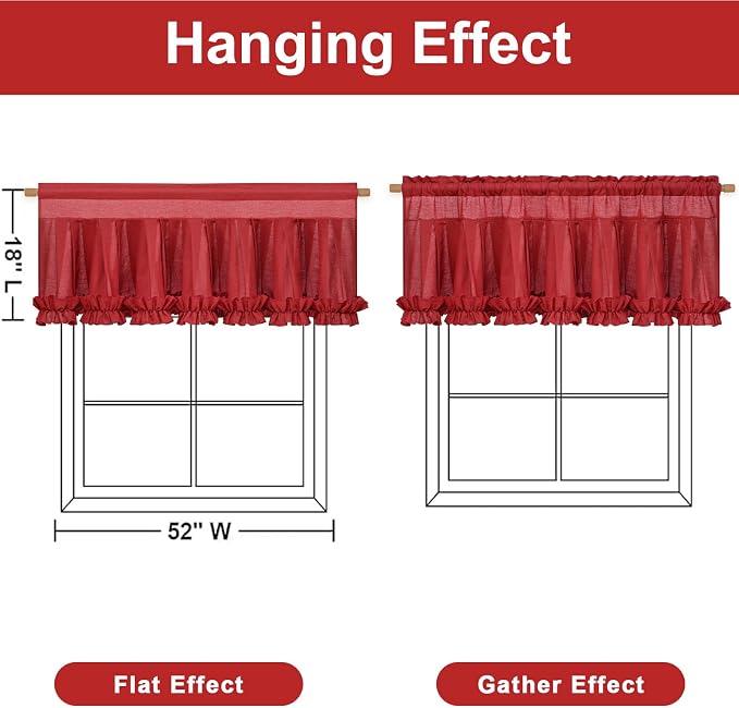 Likiyol Linen Valances for Windows Farmhouse Window Valances with Ruffle Rustic Country Light Filtering Kitchen Valance Curtains Rod Pocket Valance for Bathroom Cafe, Red, 52" W X 18" L - Image 2
