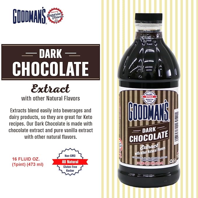 Goodman's Dark Chocolate Extract - Gluten-Free, Non-GMO, Kosher, Low Carb & Calorie - For Keto and Plant-Based Recipes! - Rich Chocolate Ideal for Frosting, Cake, Cookies & Hot Chocolate (16oz Bottle)