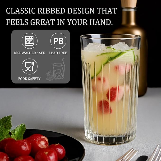 Laerjin Drinking Glasses Set of 8, 12 oz Highball Glasses & 10 oz Cocktail Glasses Set, Ribbed Glass Cups,Thick Glass Cups, Kitchen Water Glasses Cup, Bar Tumbler Glassware for Beer, Whiskey(Clear) - Image 6