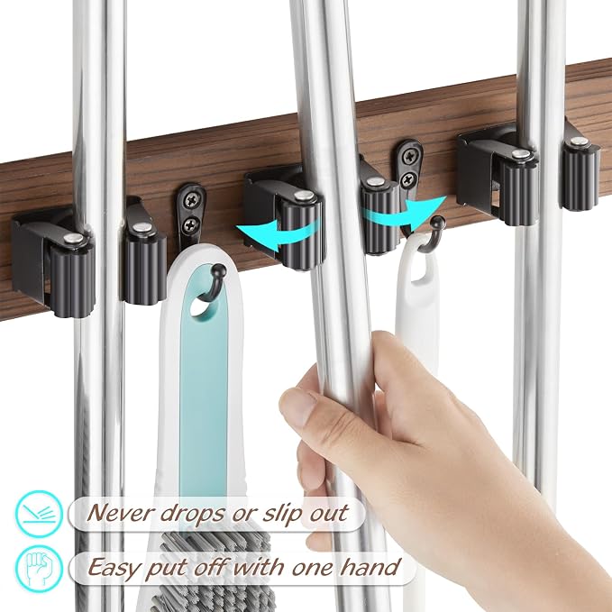 OUTNILI Mop and Broom Holder Wall Mount - Wood Broom Mop Hanger - Wall Mounted Garden Tool Rack Organizer for Closet Garage Laundry Room for Rustic Kitchen Decor With 5 Slots & 4 Hooks - Image 3