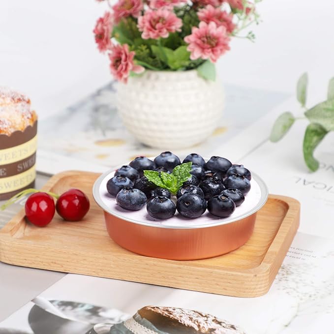 Beasea Mini Tart Pans, 8 Oz 50 Pack Disposable Pie Tins with Lids, 4 Inch Rose Gold Aluminum Pie Pan Cartoon Tin Tart Pans Round Oven Baking Mini Cake Pan for Pie Tart Quiche - Image 4