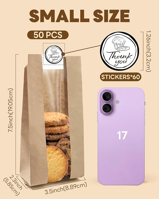 Bake Choice 50 PCS Small Cookie Bags with Seal, 3.5"x 2.3"x7.5 Treat Bags | Kraft Brown Paper Bags with Stickers, Bakery Bag for Snack, Cupcake, Coffee Bean, Party Favor, Cookie Packaging - Image 2