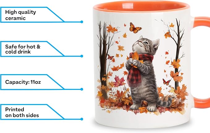 Hyturtle Fall Cat Maple Leaves Coffee Mug with Spoon Gifts on Birthday | Fall Autumn Decor Thanksgiving Gift, Cute Autumn Mug, Durable 11oz ceramic mug, Vivid double-sided print, Comfort grip handle - Image 6