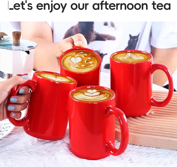 16 OZ Coffee Mugs, Classic Blank Ceramic Cup with Large Handle for Tea Latte Cappuccino, Set of 4, Red - Image 2