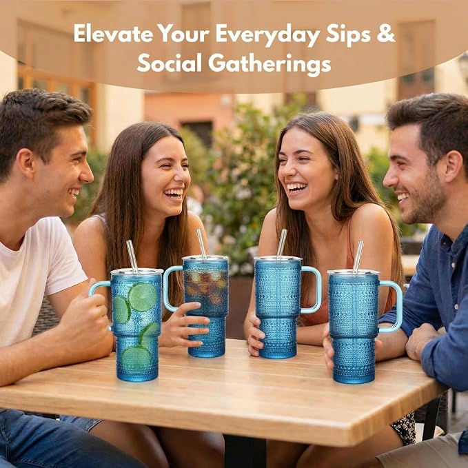 20 oz Blue Glass Tumbler with Lid and Straw, Glass Iced Coffee Cups, Spill-proof Glasses Tumbler with Handle, Glasses Drinking Set of 4, Vintage Glassware for Cocktail, Smoothies - Image 6
