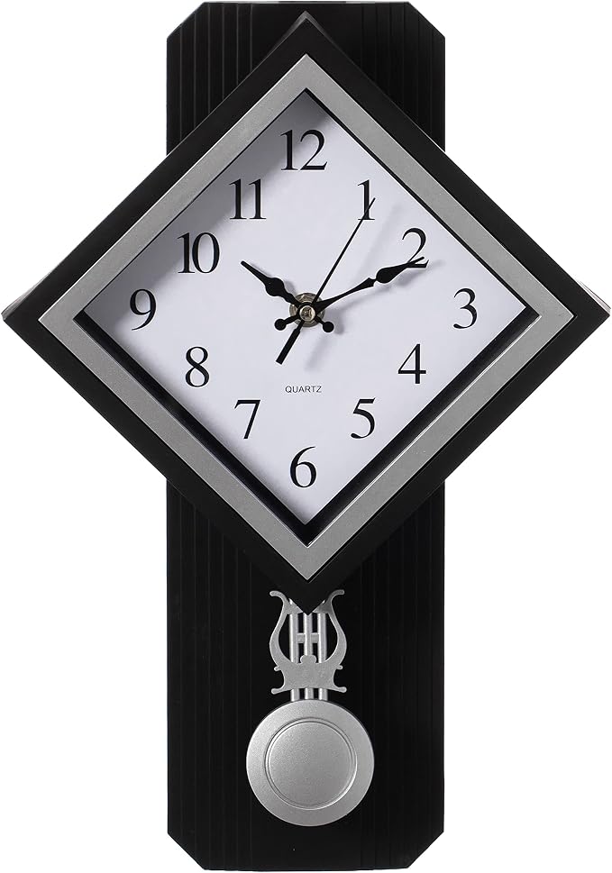 Traditional Black Square Wood- Looking Pendulum Plastic Wall Clock for Living Room, Kitchen, or Dining Room by Clockswise