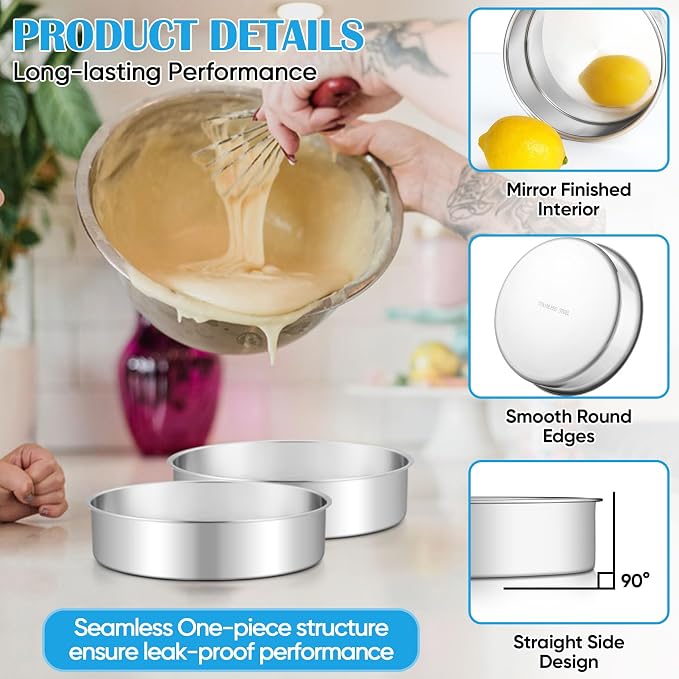 TeamFar 7 Inch Cake Pan, Stainless Steel Round Layer Cake Baking Pan | Baking Tin for Birthday Wedding, Non-Toxic & Heavy-Duty, Mirror Finish & Leak Proof, Oven & Dishwasher Safe - Image 5