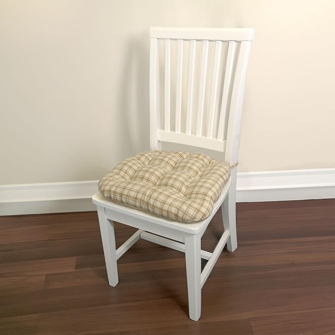 Barnett Home Decor Dining Chair Pad with Ties Montgomery Natural Beige Plaid - Size Medium 16.5 x 18 16.5 x 18 - Latex Foam Fill Cushion, Reversible, Machine Washable - Neutral Tan Tartan - Image 2