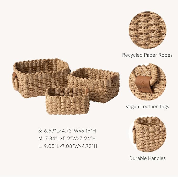 LA JOLIE MUSE Small Wicker Baskets for Organizing, Desert 3 Pack | Decorative Organizer with Vegan Leather Tag, Round Handle, Storage Baskets for Shelves, Bedroom, Kitchen, Office and Home - Image 2