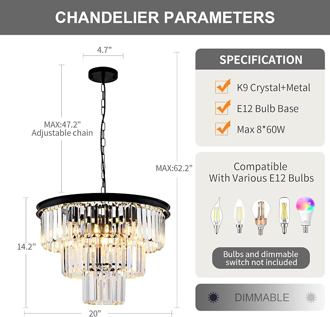 8 Light Modern Crystal Chandelier 20'' Black Chandeliers for Dining Room Contemporary Pendant Light Fixture Round 3-Tier Adjustable Height E12 for Living Room, Foyer, Entryway, Bedroom - Image 4