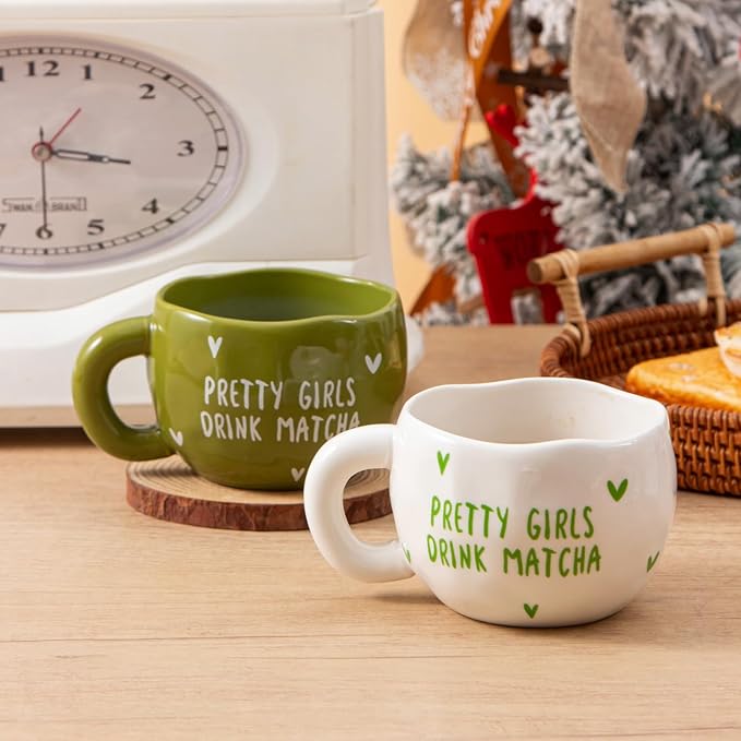 4pcs Ceramic Coffee Cups, 9.4OZ Cute Matcha Cup Set, Green & White, Dishwasher Safe Green Tea Mugs, Pretty Girls Collection - Image 7