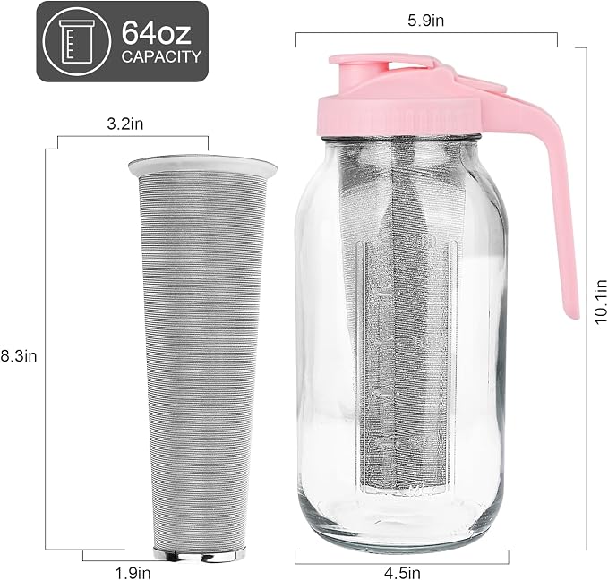 Cold Brew Coffee Maker，64 oz Wide Mouth Mason Jar Pitcher with Stainless Steel Filter, Pour Spout Handle Lid, Heavy Duty Glass Airtight & Leak-Proof for Iced Coffee & Tea Lemonade-Pink - Image 2