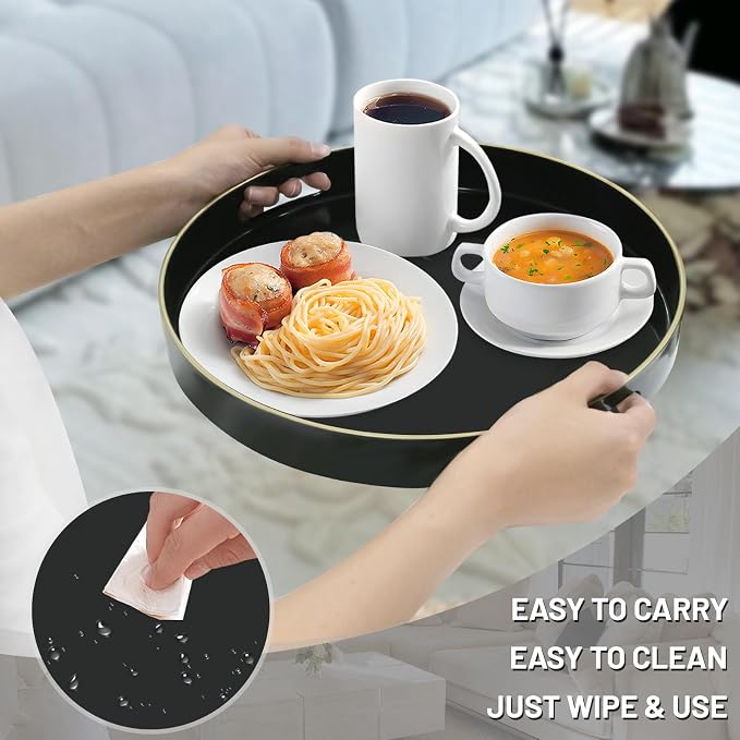 MAONAME 13" Black Decorative Tray, Plastic Round Serving Tray with Handles | Decorative Tray for Coffee Table, Modern Ottoman Tray, Circle Tea Tray, Round Melamine Tray for Living Room, Bathroom - Image 4