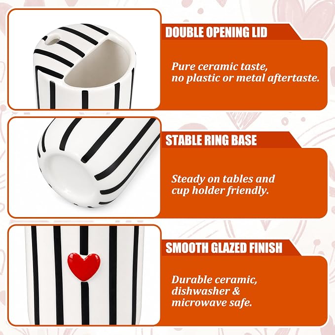 Ceramic Mug with Sip Hole 10 oz Novelty Black Striped Red Heart Ceramic Coffee Mug Hand Painted Travel Mugs Heat Resistant Non Slip Built in One Lid Mugs for Coffee Lovers Appreciation Gift - Image 3