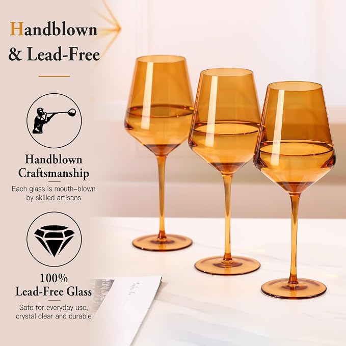 Amber Wine Glasses Set of 6, Handblown Colored Wine Glasse,Amber Coloful Glassware，17OZ for Red or White Wine - Image 5