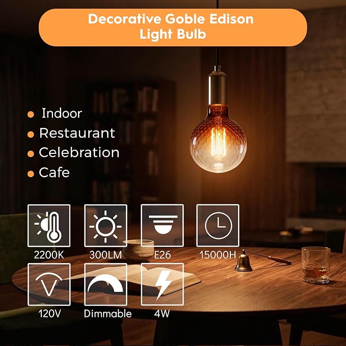 G125 Edison LED Bulb,4W Dim E26,2200K Gradient Brown Diamond Glass | Large Globe Light Bulbs,Squirrel Cage Filament, Cozy Warm Tone, Decorate Bars, Restaurants, Kitchens & All Indoor Occasions - Image 4