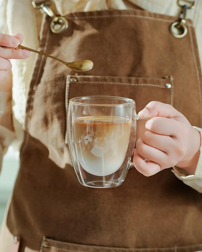 Double Wall Glass Coffee Mugs with Handle, Clear, 12 Ounces Tea Cups, Wedding Gifts, Heat Resistant, Set of 6