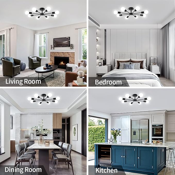 23.62'' Semi Flush Mount Ceiling Light, 8-Lights Modern Chandelier Black Living Room Light, Sputnik Light Fixtures Chandelier for Bedroom Kitchen Study Office - Image 2